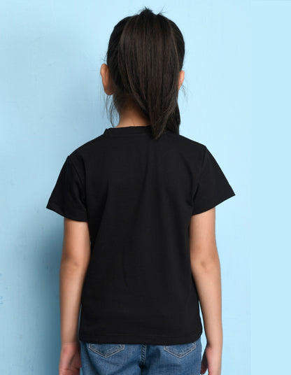 Nusyl Girl's Black Cute cat & Text Printed Regular Fit T-Shirt