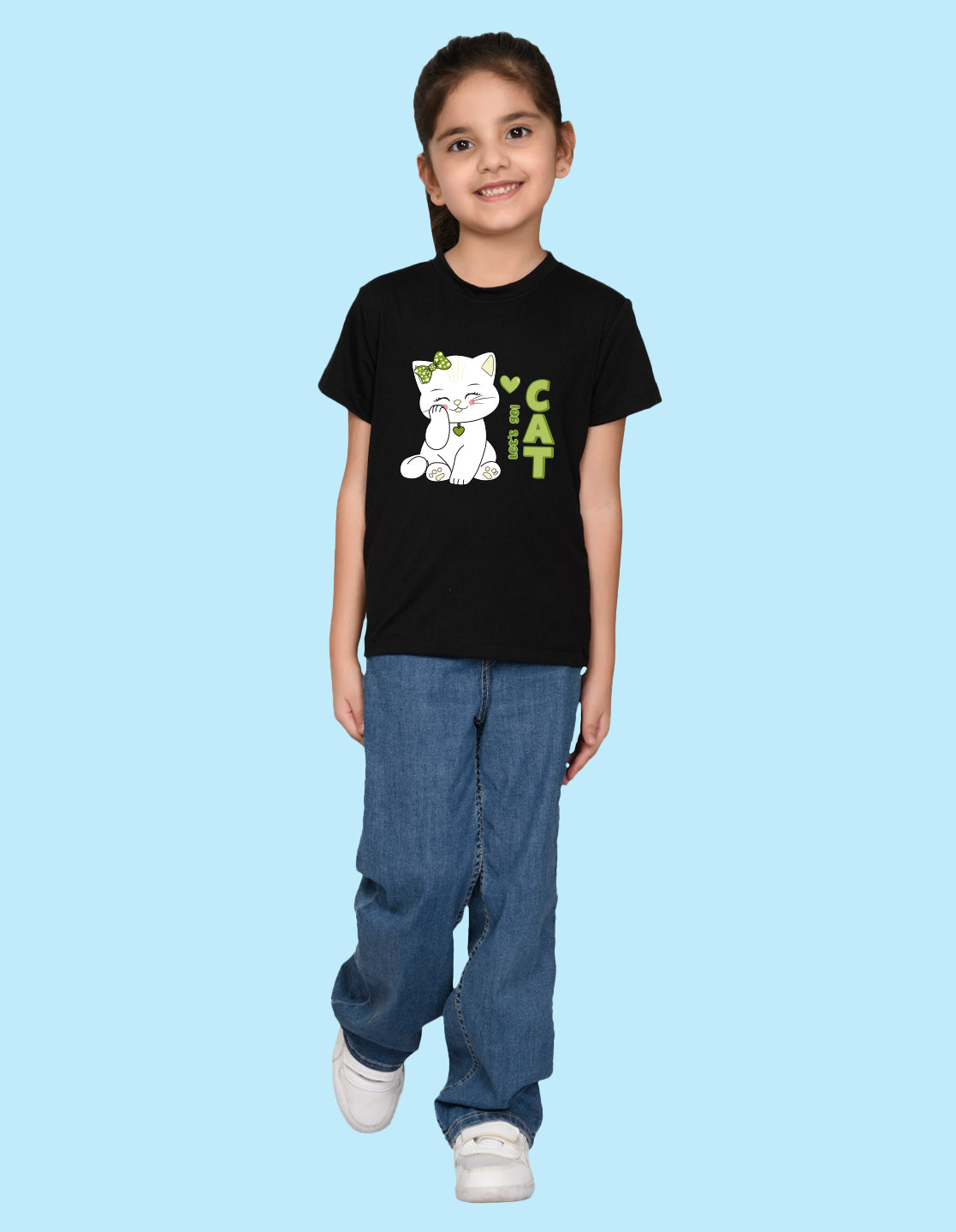 Nusyl Girl's Black Cute cat & Text Printed Regular Fit T-Shirt