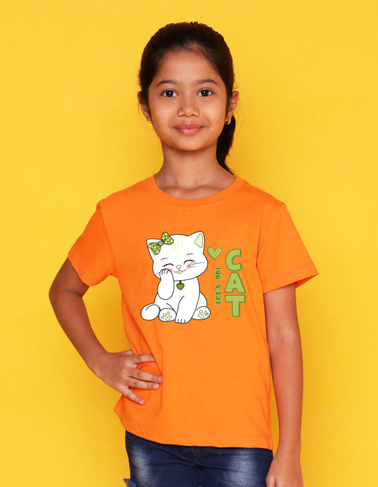 Nusyl Girl's Orange Cute cat & Text Printed Regular Fit T-Shirt