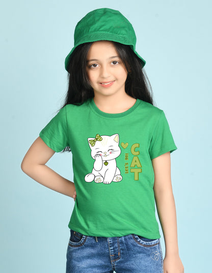 Nusyl Girl's Green Cute cat & Text Printed Regular Fit T-Shirt