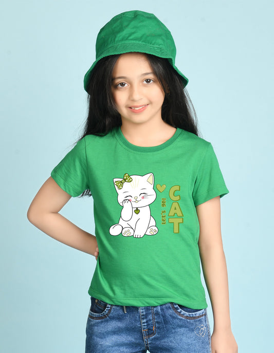Nusyl Girl's Green Cute cat & Text Printed Regular Fit T-Shirt