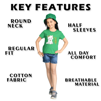 Nusyl Girl's Green Cute cat & Text Printed Regular Fit T-Shirt