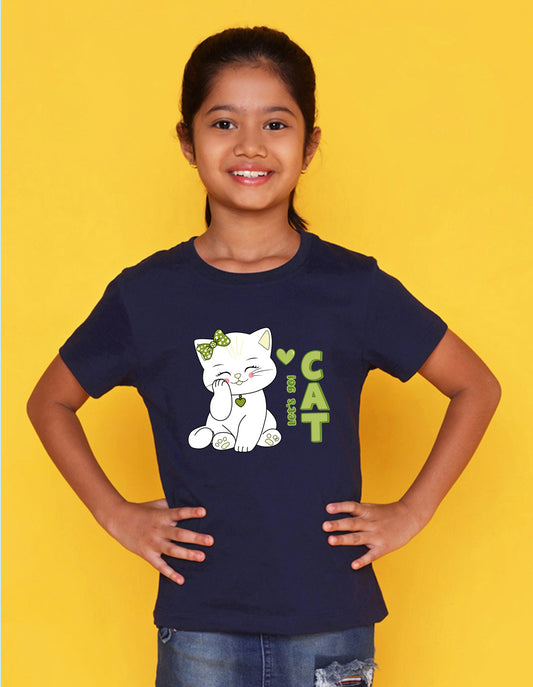 Nusyl Girl's Navy Blue Cute cat & Text Printed Regular Fit T-Shirt