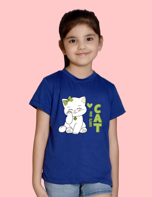Nusyl Girl's Royal Blue Cute cat & Text Printed Regular Fit T-Shirt