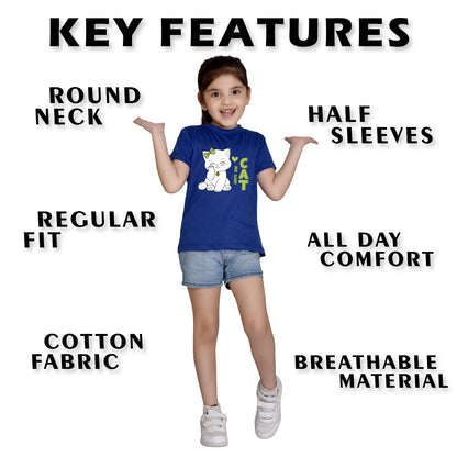 Nusyl Girl's Royal Blue Cute cat & Text Printed Regular Fit T-Shirt
