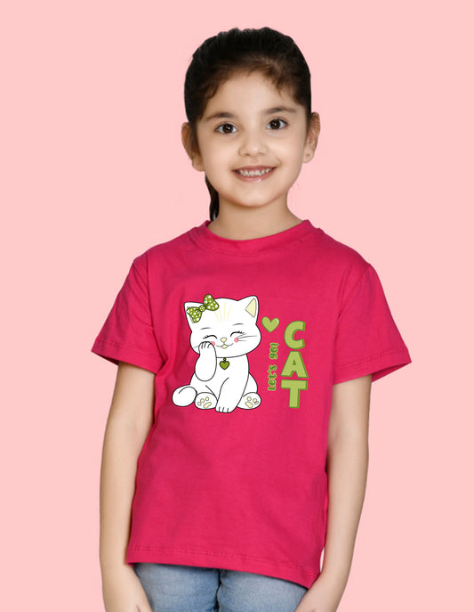 Nusyl Girl's Hot Pink Cute cat & Text Printed Regular Fit T-Shirt
