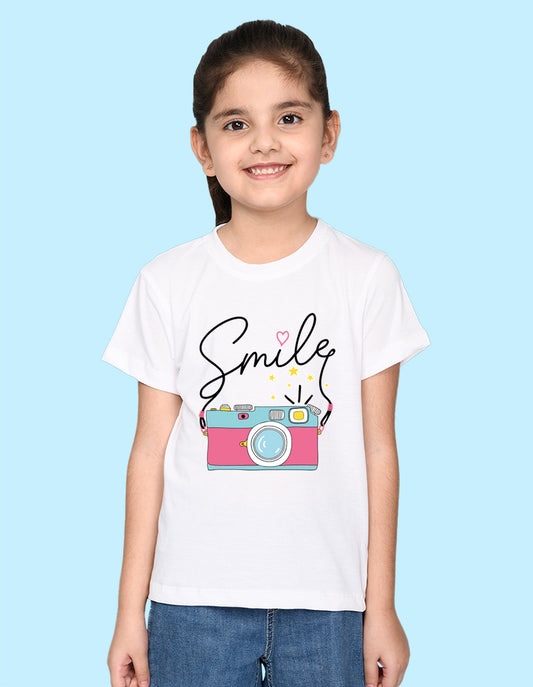 Nusyl Girl's White Smile Text Printed Regular Fit T-Shirt