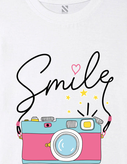 Nusyl Girl's White Smile Text Printed Regular Fit T-Shirt