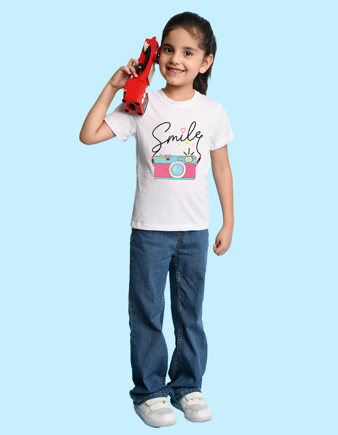 Nusyl Girl's White Smile Text Printed Regular Fit T-Shirt