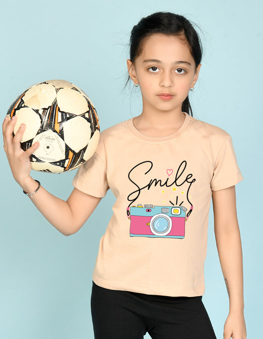 Nusyl Girl's Beige Smile Text Printed Regular Fit T-Shirt