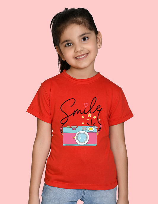 Nusyl Girl's Red Smile Text Printed Regular Fit T-Shirt