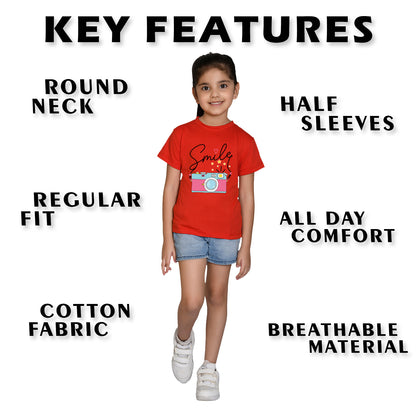 Nusyl Girl's Red Smile Text Printed Regular Fit T-Shirt