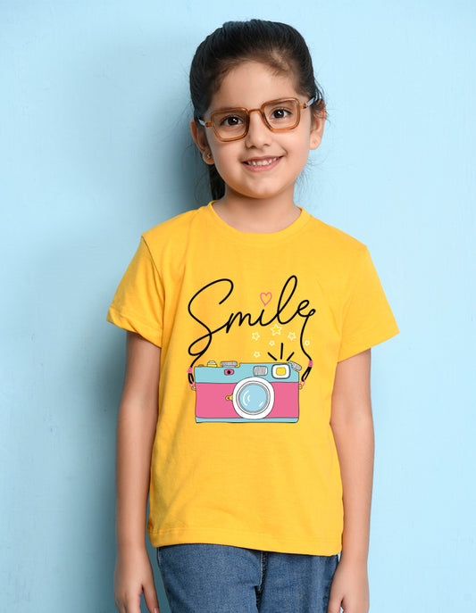 Nusyl Girl's Yellow Smile Text Printed Regular Fit T-Shirt