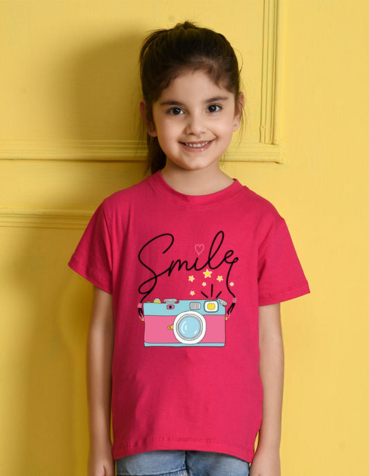 Nusyl Girl's Hot Pink Smile Text Printed Regular Fit T-Shirt