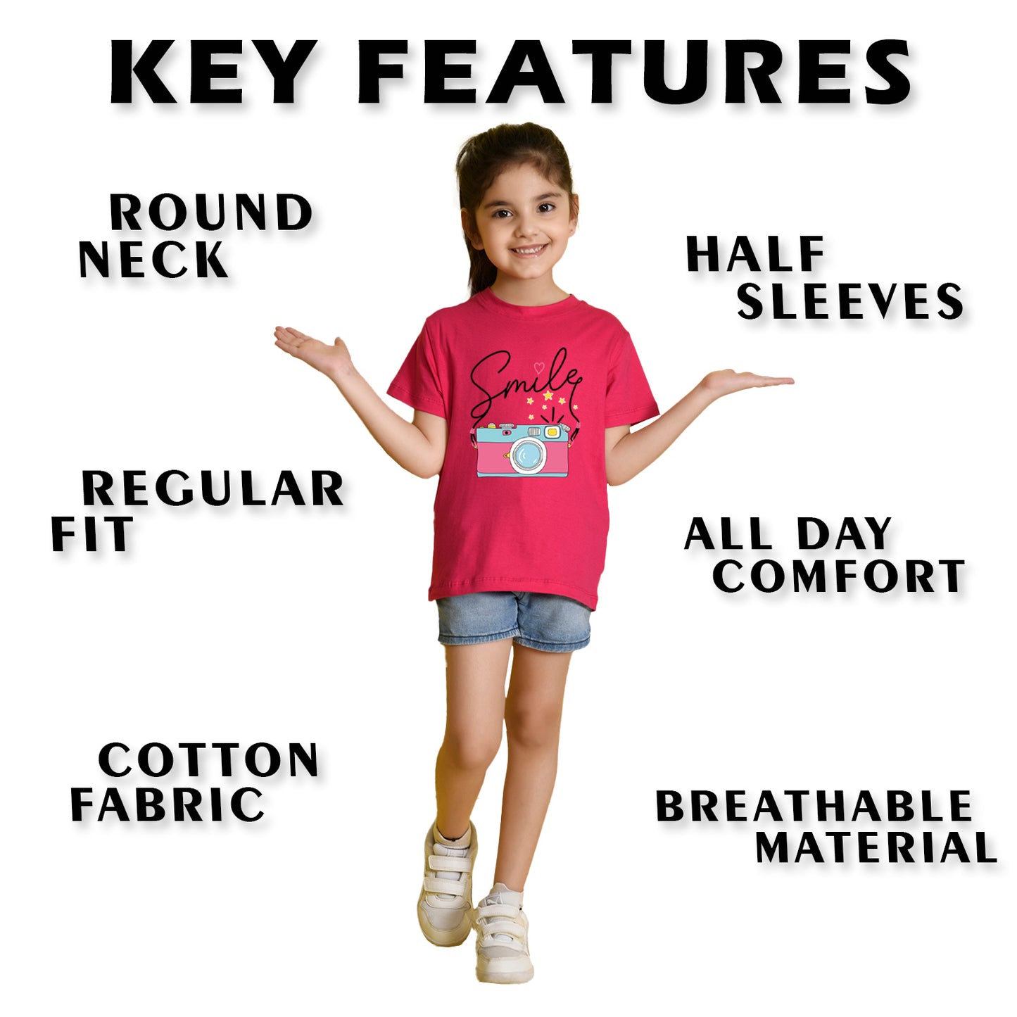 Nusyl Girl's Hot Pink Smile Text Printed Regular Fit T-Shirt