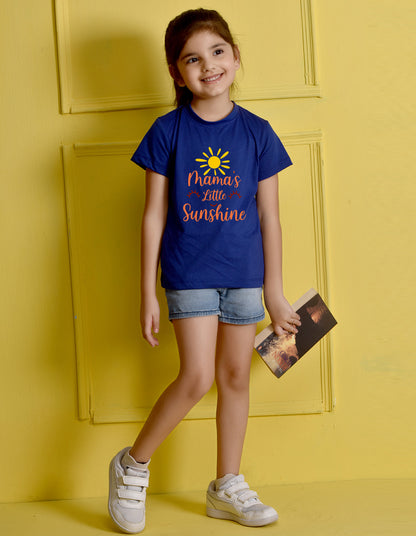 Nusyl Girl's Royal Blue Mama's Little Sunshine Text Printed Regular Fit T-Shirt
