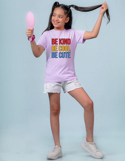 Nusyl Girl's Lilac Be Kind Be Cool Be Cute Text Printed Regular Fit T-Shirt