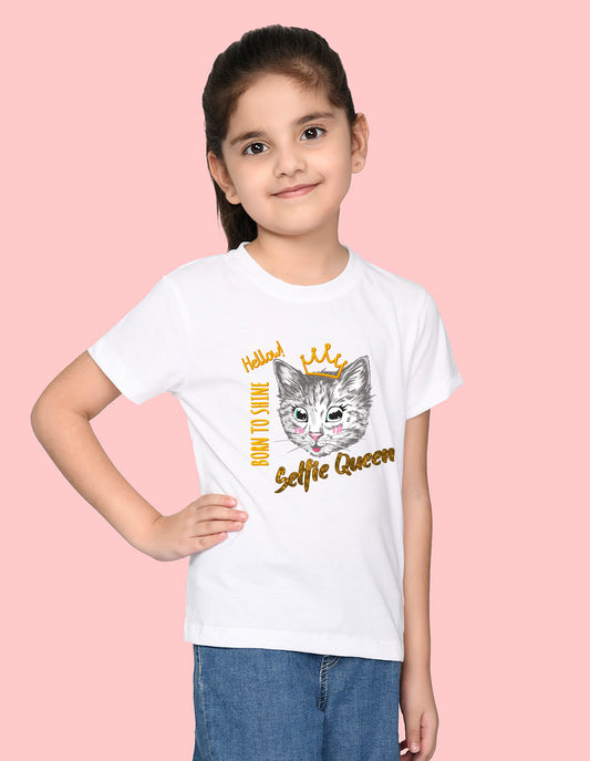 Nusyl Girl's White Cat Face & Selfie Queen Text Printed Regular Fit T-Shirt