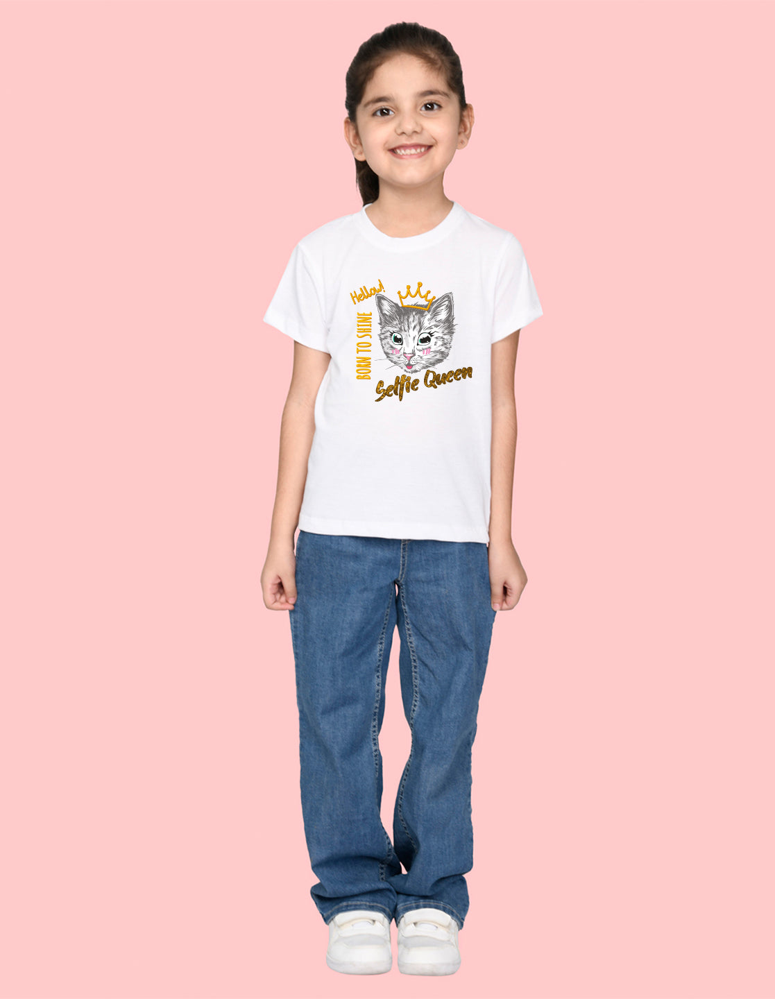 Nusyl Girl's White Cat Face & Selfie Queen Text Printed Regular Fit T-Shirt