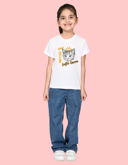 Nusyl Girl's White Cat Face & Selfie Queen Text Printed Regular Fit T-Shirt