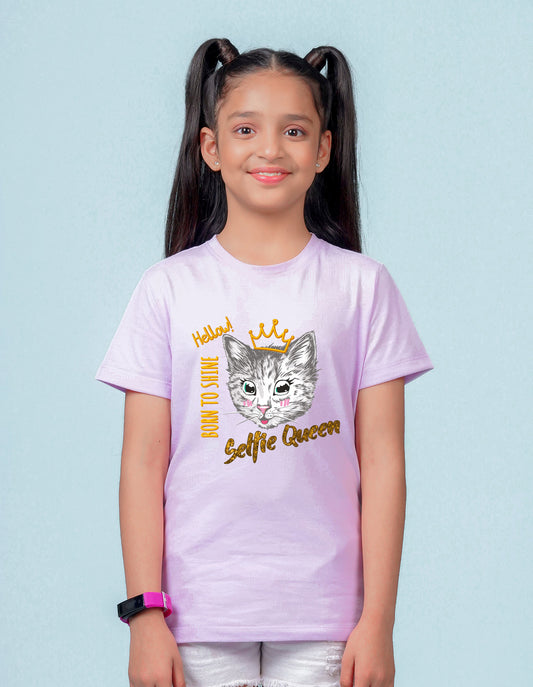 Nusyl Girl's Lilac Cat Face & Selfie Queen Text Printed Regular Fit T-Shirt