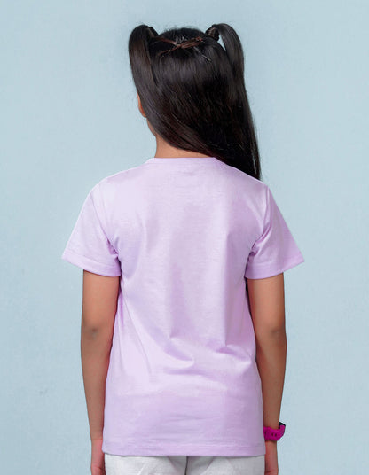 Nusyl Girl's Lilac Cat Face & Selfie Queen Text Printed Regular Fit T-Shirt