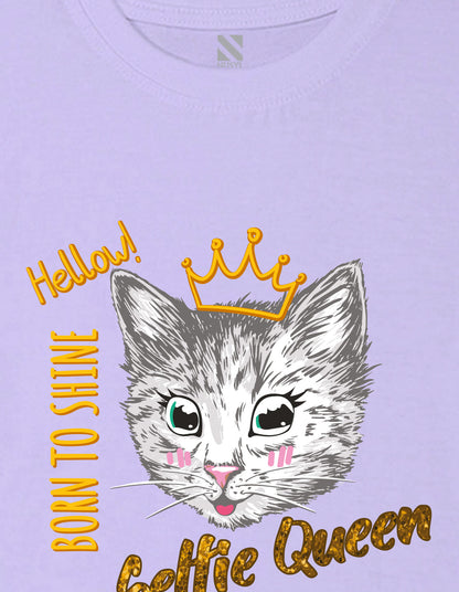 Nusyl Girl's Lilac Cat Face & Selfie Queen Text Printed Regular Fit T-Shirt