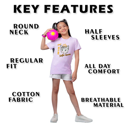 Nusyl Girl's Lilac Cat Face & Selfie Queen Text Printed Regular Fit T-Shirt