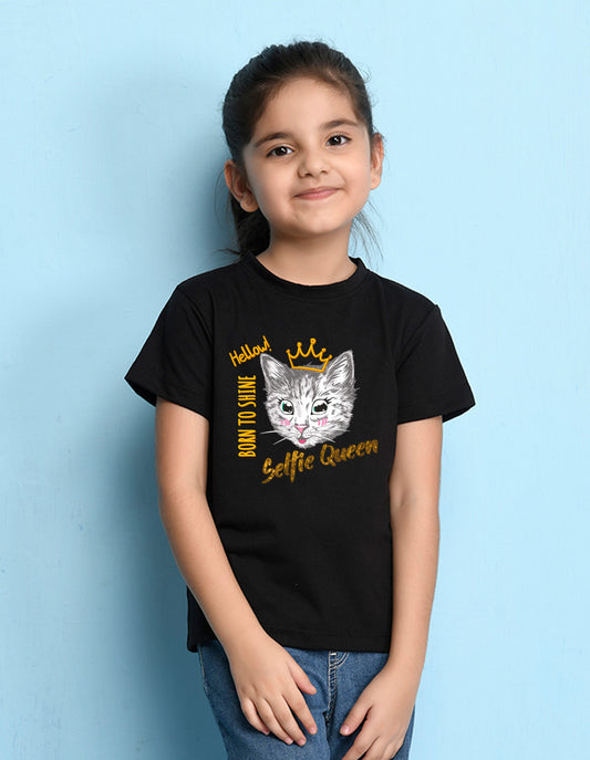 Nusyl Girl's Black Cat Face & Selfie Queen Text Printed Regular Fit T-Shirt