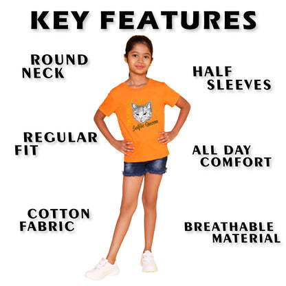 Nusyl Girl's Orange Cat Face & Selfie Queen Text Printed Regular Fit T-Shirt