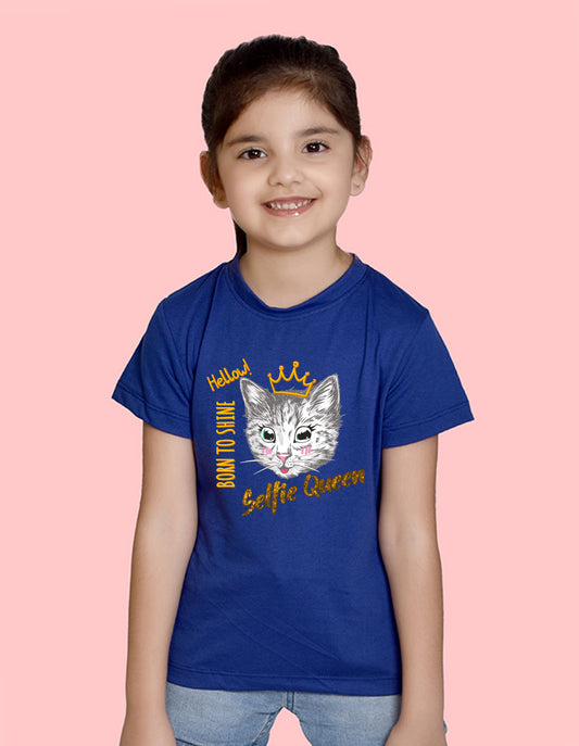 Nusyl Girl's Royal Blue Cat Face & Selfie Queen Text Printed Regular Fit T-Shirt