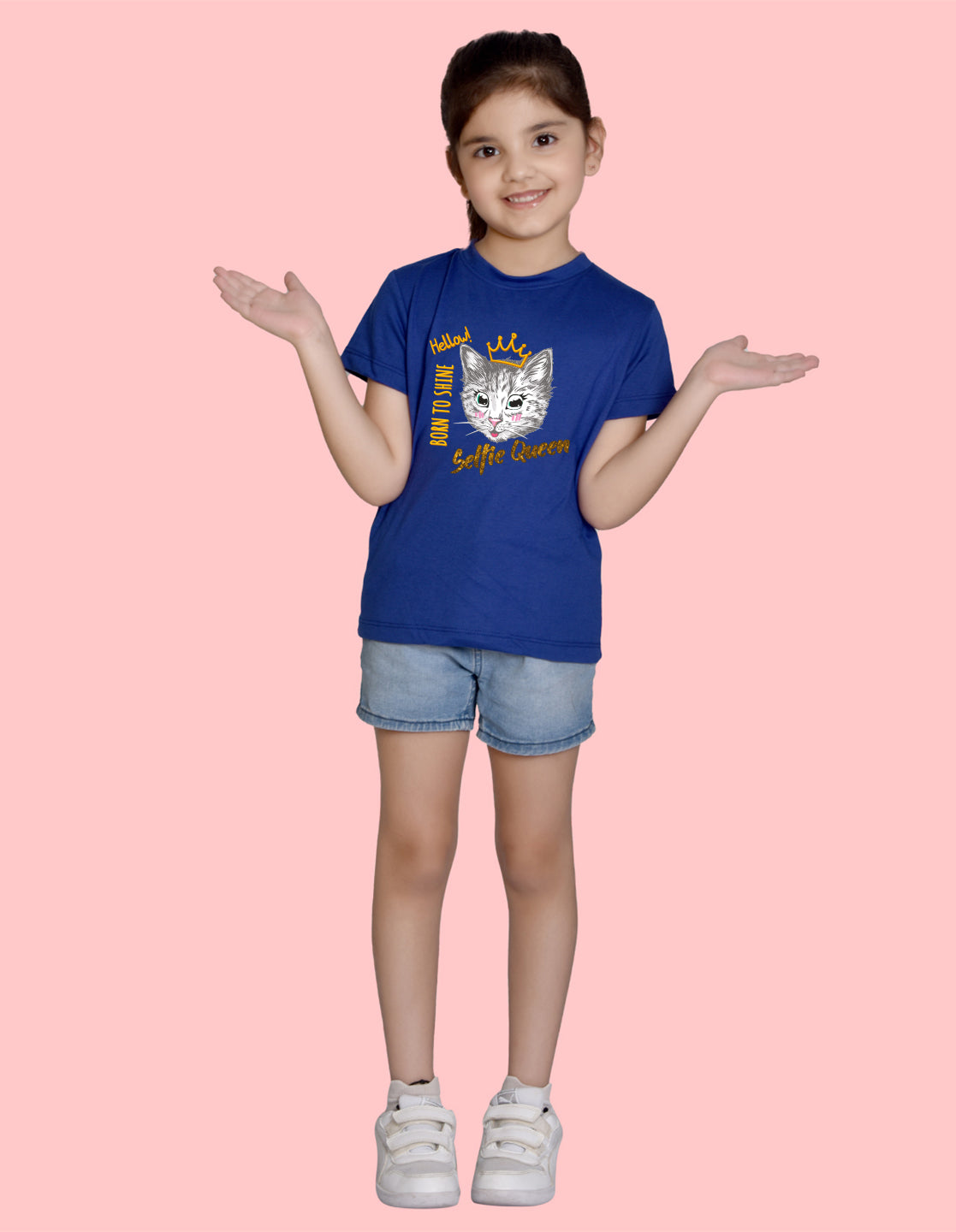 Nusyl Girl's Royal Blue Cat Face & Selfie Queen Text Printed Regular Fit T-Shirt