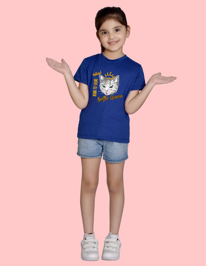 Nusyl Girl's Royal Blue Cat Face & Selfie Queen Text Printed Regular Fit T-Shirt