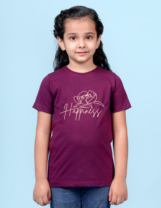 Nusyl Girl's Wine Happy Text Printed Regular Fit T-Shirt