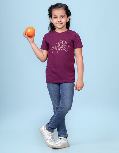 Nusyl Girl's Wine Happy Text Printed Regular Fit T-Shirt