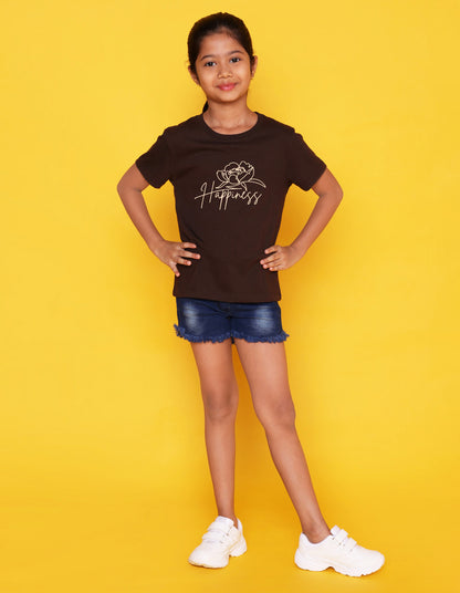 Nusyl Girl's Brown Happy Text Printed Regular Fit T-Shirt