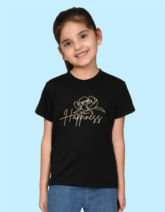 Nusyl Girl's Black Happy Text Printed Regular Fit T-Shirt