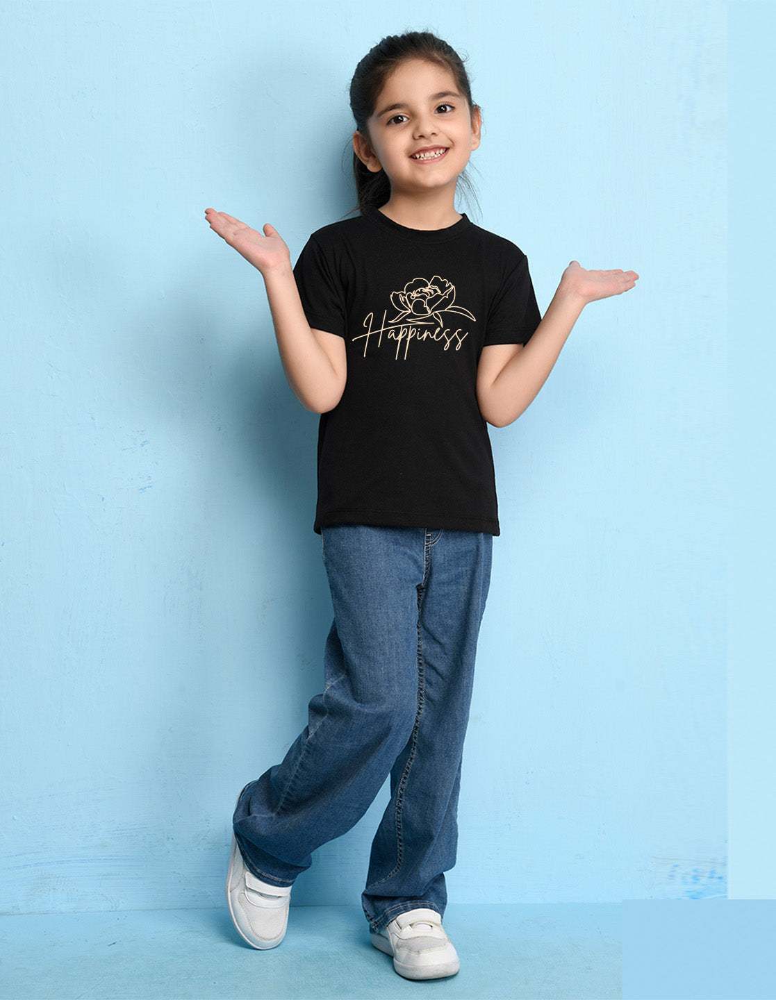 Nusyl Girl's Black Happy Text Printed Regular Fit T-Shirt