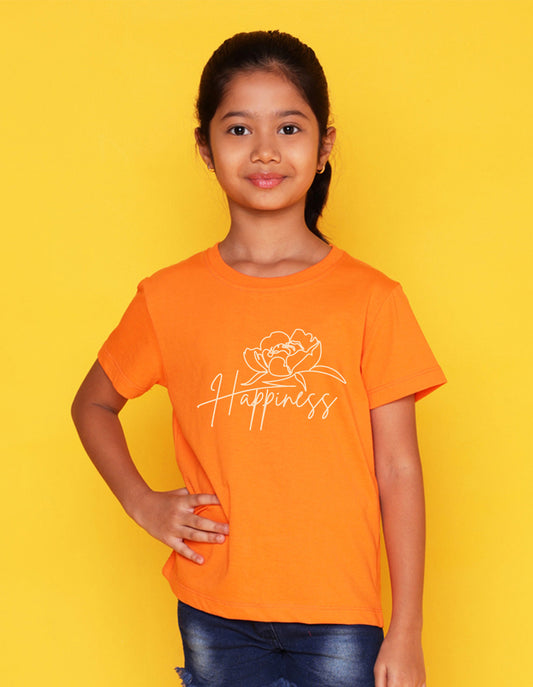 Nusyl Girl's Orange Happy Text Printed Regular Fit T-Shirt