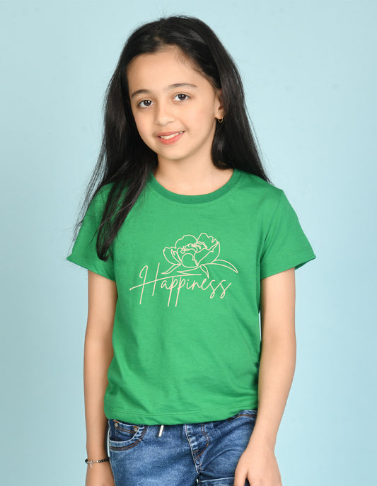Nusyl Girl's Green Happy Text Printed Regular Fit T-Shirt