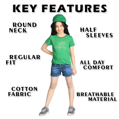 Nusyl Girl's Green Happy Text Printed Regular Fit T-Shirt
