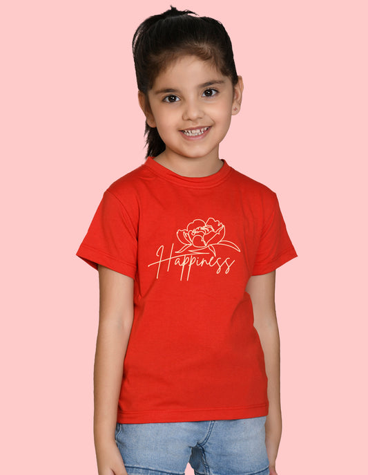 Nusyl Girl's Red Happy Text Printed Regular Fit T-Shirt