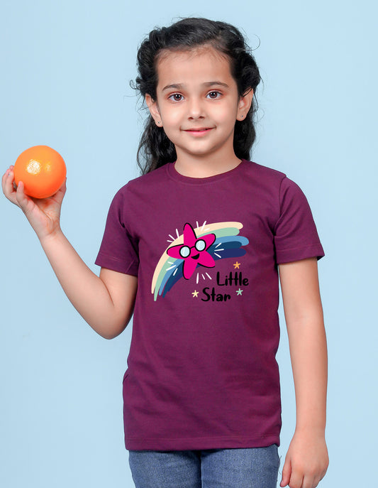 Nusyl Girl's Wine Little Star Text Printed Regular Fit T-Shirt