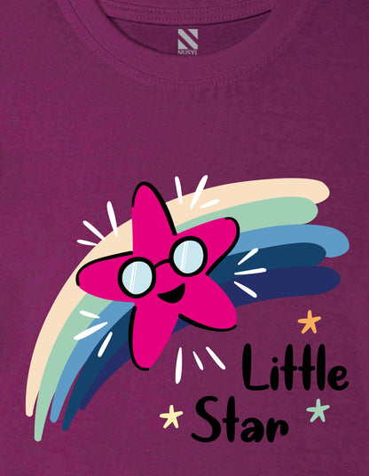 Nusyl Girl's Wine Little Star Text Printed Regular Fit T-Shirt