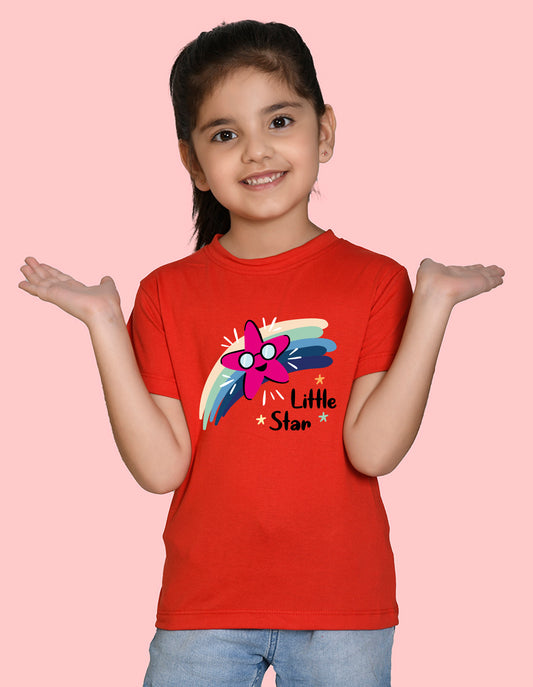 Nusyl Girl's Red Little Star Text Printed Regular Fit T-Shirt