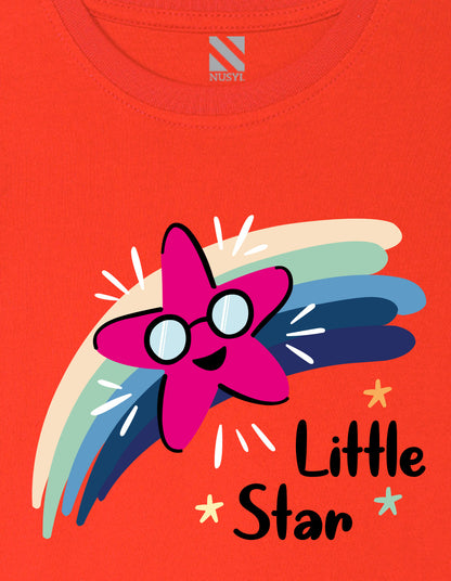 Nusyl Girl's Red Little Star Text Printed Regular Fit T-Shirt