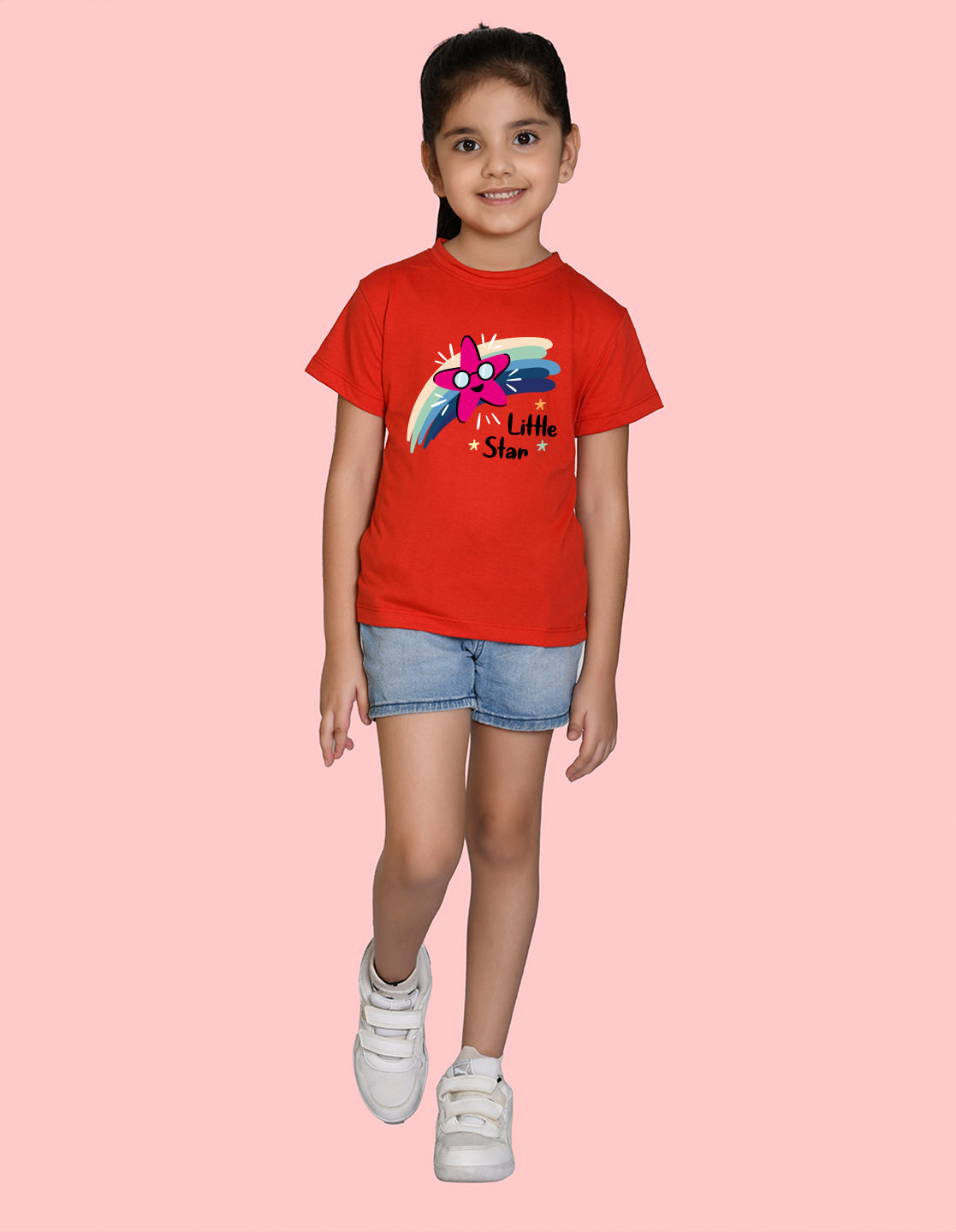 Nusyl Girl's Red Little Star Text Printed Regular Fit T-Shirt