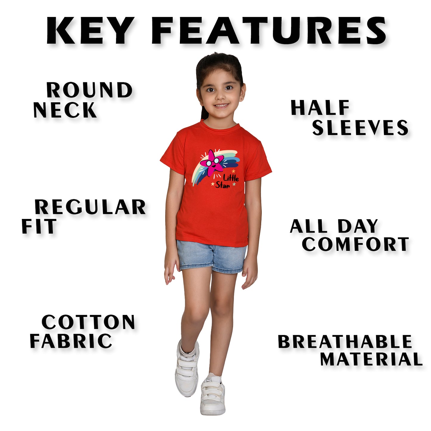 Nusyl Girl's Red Little Star Text Printed Regular Fit T-Shirt