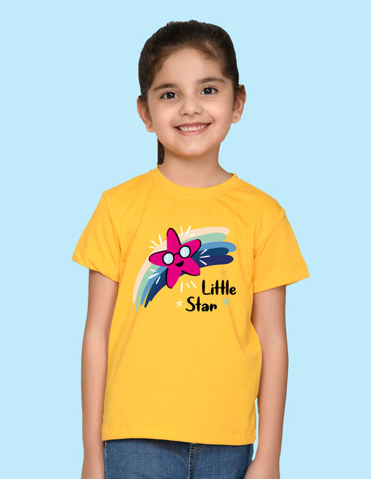 Nusyl Girl's Yellow Little Star Text Printed Regular Fit T-Shirt