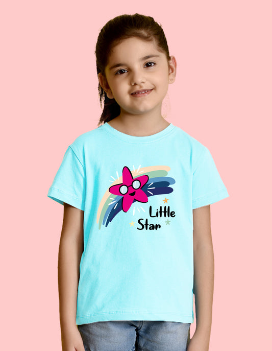 Nusyl Girl's Sky Blue Little Star Text Printed Regular Fit T-Shirt